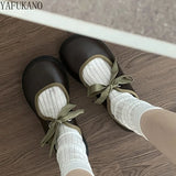 Anokhinaliza French Shallow Mouth Brown Round Head Flat Bottom Single Shoes Women Vintage Mary Jane Shoes Lace-up Casual Student Shoes
