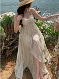 Anokhinaliza Summer Women Beach Long Sundress Suspenders Vintage Backless Ruffles Fairy Dress Elegant Holiday Beach Romantic Party Dress