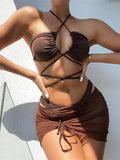 Anokhinaliza 3 Pieces Criss Cross Halter Bikini Women & Beach Skirt Swimwear Female Sexy Swimsuit Beachwear Bathing Swimming Suit