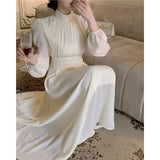 Anokhinaliza Korean Pleated Solid Color Elegant Long-sleeved Dress Women 2024 Spring New Half-high Neck Loose Casual Mid-length Party Dress