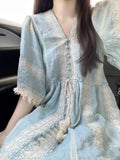 Anokhinaliza Summer Casual Boho Midi Dress Women Outwear Beach Elegant Dress Office Lady Short Sleeve French One Piece Dress Korean
