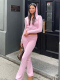 Anokhinaliza Women Spring Outfits Casual Zipper Sweater Hoodie Set High Waist Flare Pants Suits Pink Knitted Womens Y2k Two Piece Set