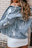 Anokhinaliza Sequin Fringe Trim Distressed Button Up Denim Jacket