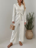 Anokhinaliza Striped Notched Long Sleeve Tie Waist Jumpsuit