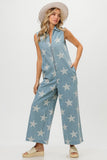 Anokhinaliza BiBi Star Print Half Zip Sleeveless Denim Jumpsuit