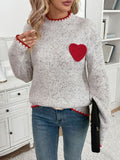 Anokhinaliza Perfee Contrast Heart Round Neck Long Sleeve Sweater