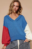 Anokhinaliza POL Exposed Seam Contrast V-Neck Lantern Sleeve Sweater