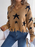 Anokhinaliza Star Pattern Distressed V-Neck Cropped Sweater