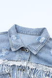 Anokhinaliza Sequin Fringe Trim Distressed Button Up Denim Jacket