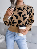 Anokhinaliza Leopard Round Neck Dropped Shoulder Sweater