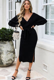 Anokhinaliza Surplice Neck Bow Waist Slit Sweater Dress