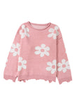 Anokhinaliza Pearl Trim Flower Round Neck Sweater