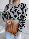 Anokhinaliza Leopard Round Neck Dropped Shoulder Sweater