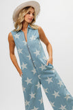 Anokhinaliza BiBi Star Print Half Zip Sleeveless Denim Jumpsuit