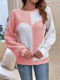 Anokhinaliza Contrast Heart Round Neck Long Sleeve Sweater