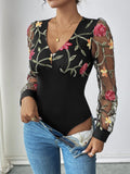 Anokhinaliza Perfee Embroidered V-Neck Long Sleeve Bodysuit