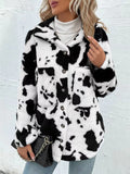 Anokhinaliza Cow Print Collared Neck Button Up Fuzzy Jacket