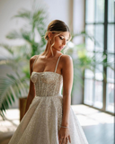 Anokhinaliza Glitter A Line Wedding Dress Sweetheart Sleeveless Sparkly Sequins Spaghetti Straps Bridal Gowns Robe De Mariee Sweep Train