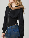 Anokhinaliza Zip Up Long Sleeve Fuzzy Hem Hooded Jacket