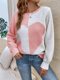 Anokhinaliza Contrast Heart Round Neck Long Sleeve Sweater