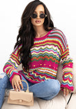 Anokhinaliza Openwork Contrast Round Neck Flare Sleeve Knit Top