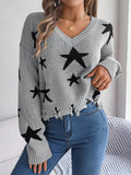 Anokhinaliza Star Pattern Distressed V-Neck Cropped Sweater