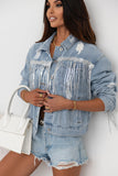 Anokhinaliza Sequin Fringe Trim Distressed Button Up Denim Jacket