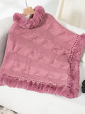 Anokhinaliza Fuzzy Hem Cable-Knit Poncho