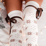 Anokhinaliza Christmas Element Bowknot Ribbed Trim Over Knee Stockings