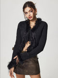 Anokhinaliza Tied Fuzzy Trim Long Sleeve Knit Cardigan