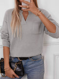 Anokhinaliza Pocketed Notched Long Sleeve Knit Top