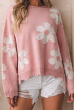 Anokhinaliza Pearl Trim Flower Round Neck Sweater