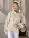 Anokhinaliza Drawstring Fringe Hem Long Sleeve Hooded Sweater