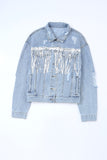 Anokhinaliza Sequin Fringe Trim Distressed Button Up Denim Jacket