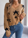 Anokhinaliza Star Pattern Distressed V-Neck Cropped Sweater