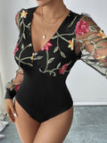 Anokhinaliza Perfee Embroidered V-Neck Long Sleeve Bodysuit