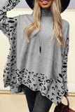 Anokhinaliza Slit Leopard Mock Neck Dropped Shoulder Sweater