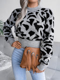 Anokhinaliza Leopard Round Neck Dropped Shoulder Sweater