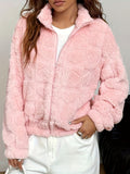 Anokhinaliza Fuzzy Heart Texture Turtleneck Zip Up Jacket