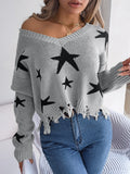 Anokhinaliza Star Pattern Distressed V-Neck Cropped Sweater