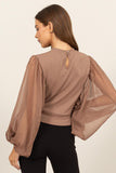 Anokhinaliza HYFVE Ruched Sheer Long Sleeve Mock Neck Blouse