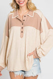 Anokhinaliza Waffle-Knit Color Block Half Button Long Sleeve Top