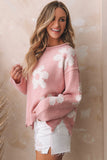 Anokhinaliza Pearl Trim Flower Round Neck Sweater