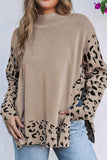 Anokhinaliza Slit Leopard Mock Neck Dropped Shoulder Sweater