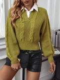 Anokhinaliza Cable-Knit Collared Neck Faux Layered Sweater