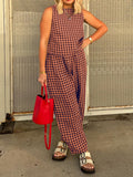 Anokhinaliza Lovelet Plaid Round Neck Sleeveless Top and Pants Set