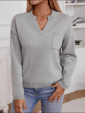 Anokhinaliza Pocketed Notched Long Sleeve Knit Top