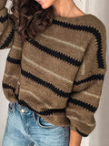 Anokhinaliza Contrast Striped Round Neck Long Sleeve Sweater