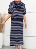 Anokhinaliza Drawstring Striped Short Sleeve Hooded Top and Skirt Set