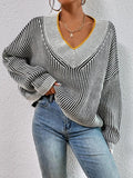 Anokhinaliza Striped V-Neck Long Sleeve Sweater